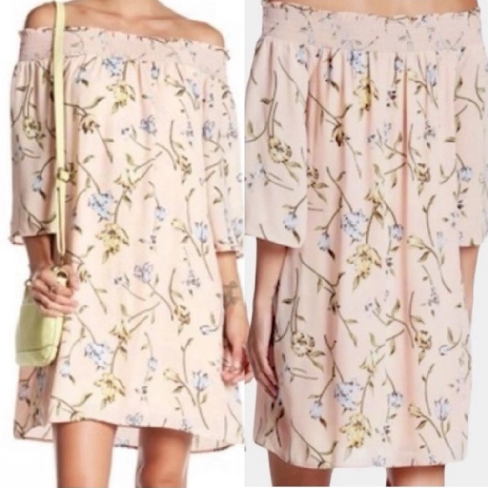 DR2 Daniel Rainn Pink Floral Off Shoulder Smocked Mini Dress S Cottagecore Boho